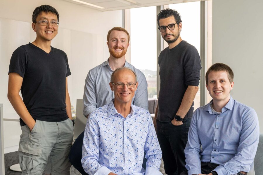 A group of interdisciplinary Boston University researchers worked together to investigate the promising technology of self-amplifying RNA as a way to deliver lifesaving drugs and create more effective vaccines. Clockwise, from back left: Wilson Wong, Jack Kirsch, Florian Douam, Joshua McGee, and Mark Grinstaff.