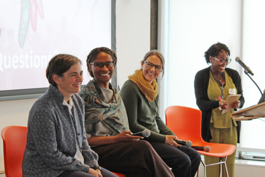 Malaria researchers Flaminia Catteruccia, Azza Idris, and Caroline Buckee answer questions after their symposium talks.