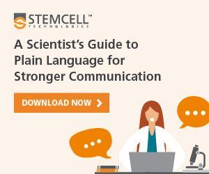Cartoon visual of a scientist at a laptop partaking in science communication to represent a plain language guide for life scientists.